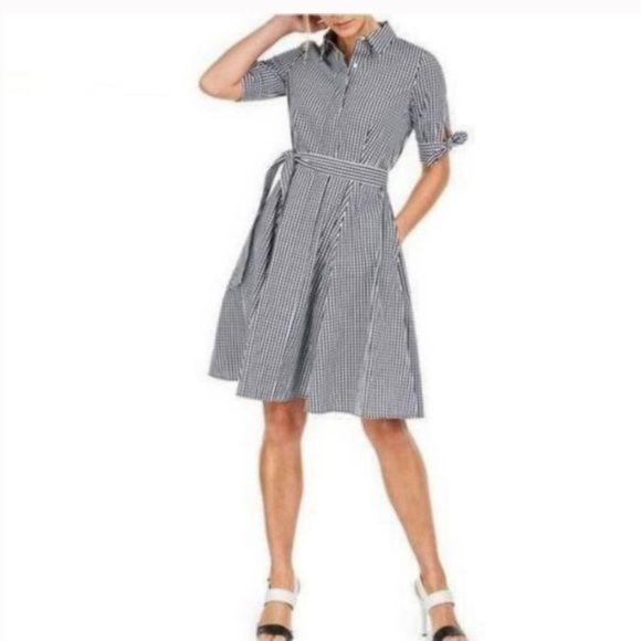 Calvin Klein Black and White Gingham Fit and Flare Dress with Fabric Belt - 12 - Picture 1 of 15